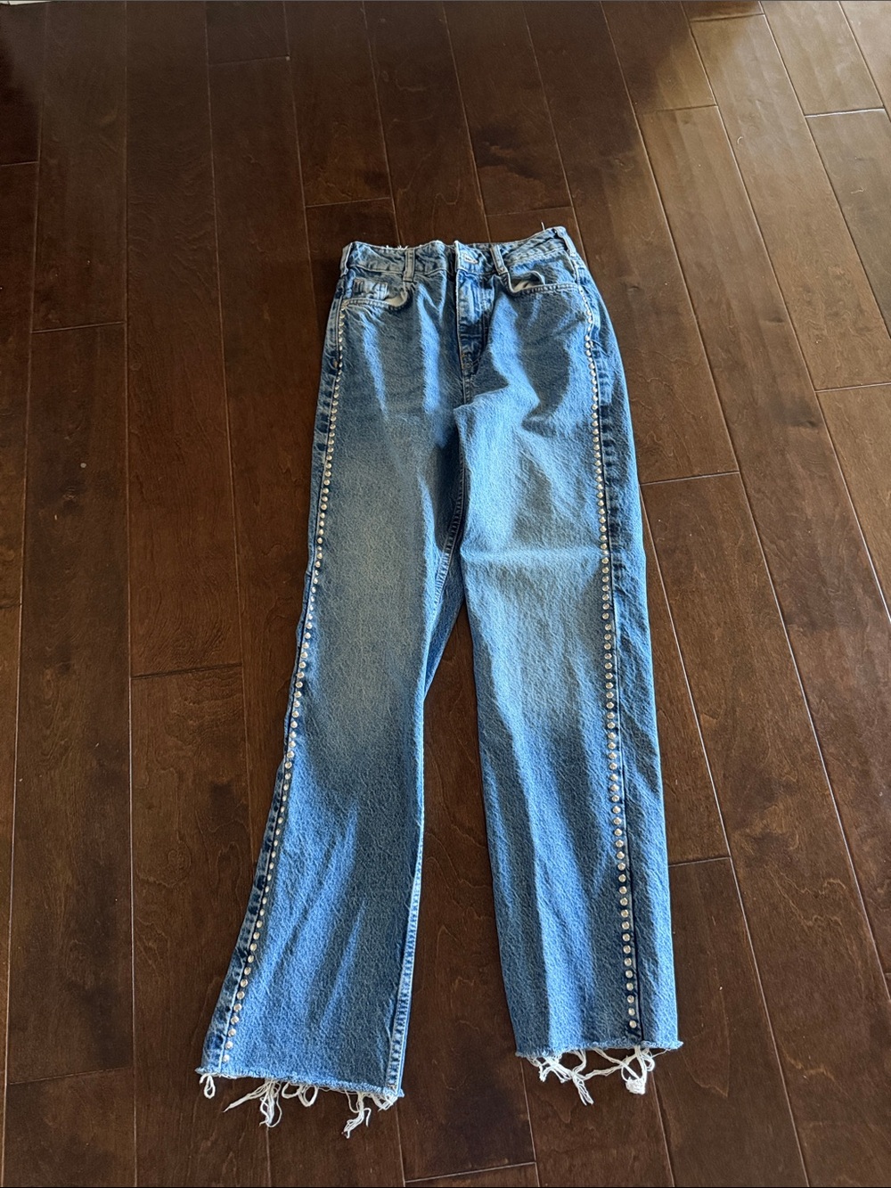 Zara Light Blue Wide-Leg Jeans with silver rivets Side Trim